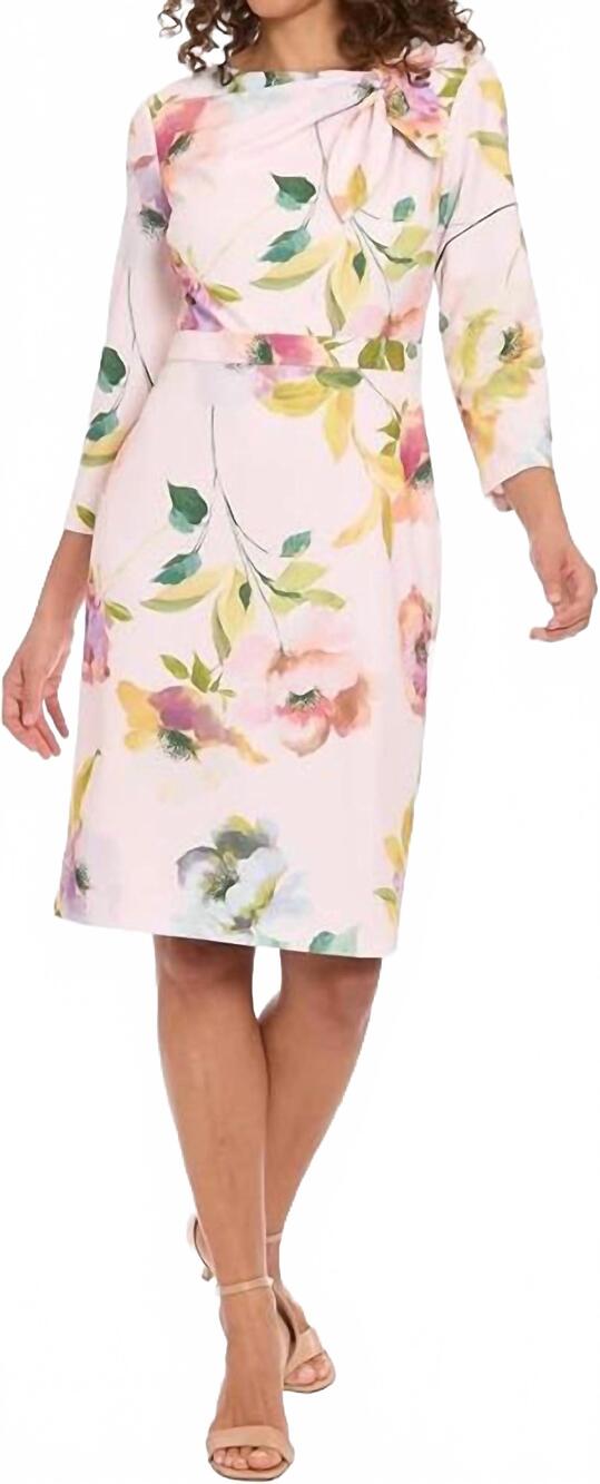 NEW LONDON TIMES floral print bow neck sheath dress in creme blue